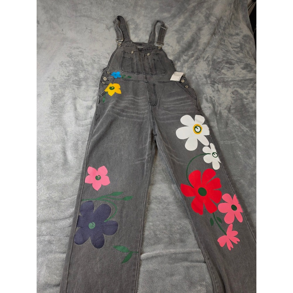 Pantalon Womens Floral Graphic Denim Overalls Gray Stretch Dungarees XXL NEW
